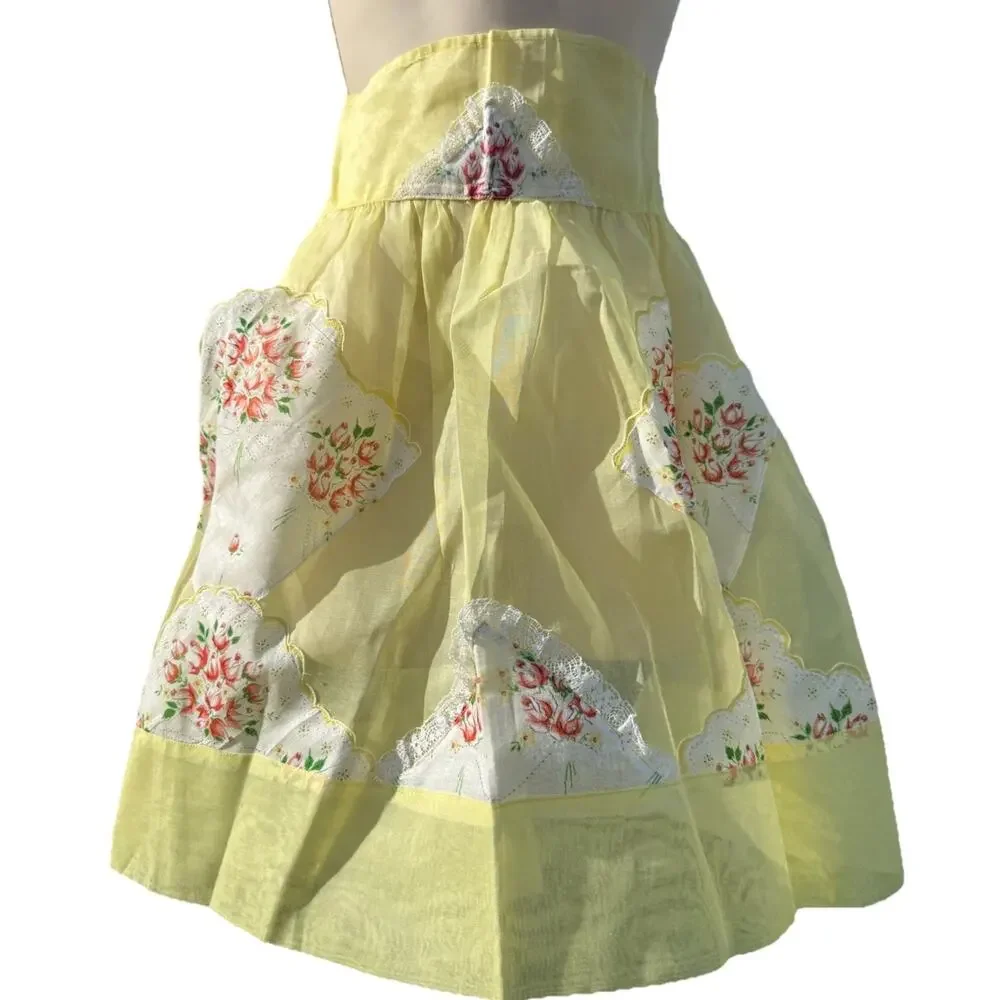 Vintage Floral Half Apron Pockets Sheer Yellow Lace Cottagecore Retro OS Patched